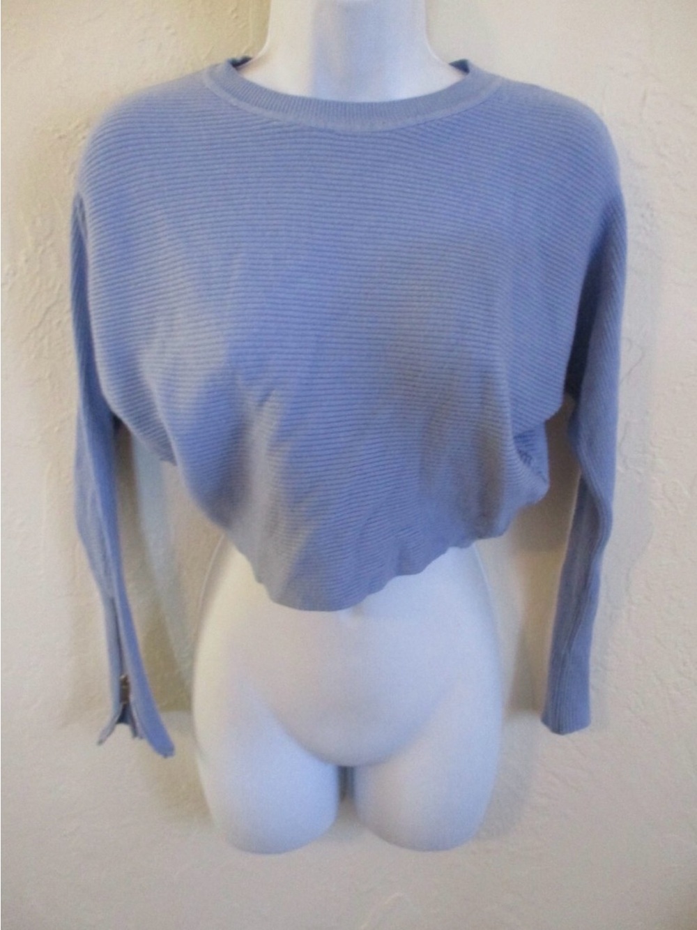 Carmen Marc Valvo Light Blue Cropped Ribbed Sweater